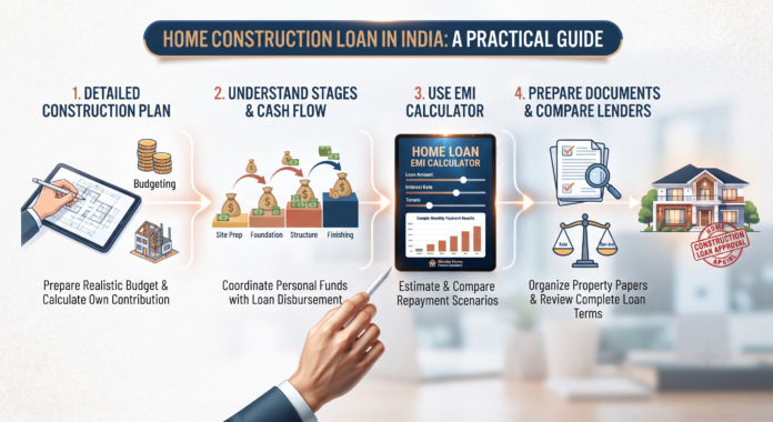 A professional infographic guiding borrowers through the Home Construction Loan process in India, featuring steps for budgeting, understanding disbursement stages, using EMI calculators, and document preparation.